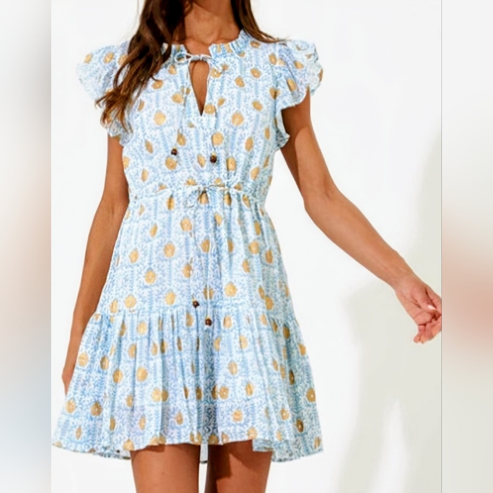 Oliphant Light Blue and Mustard Floral Midi Dress